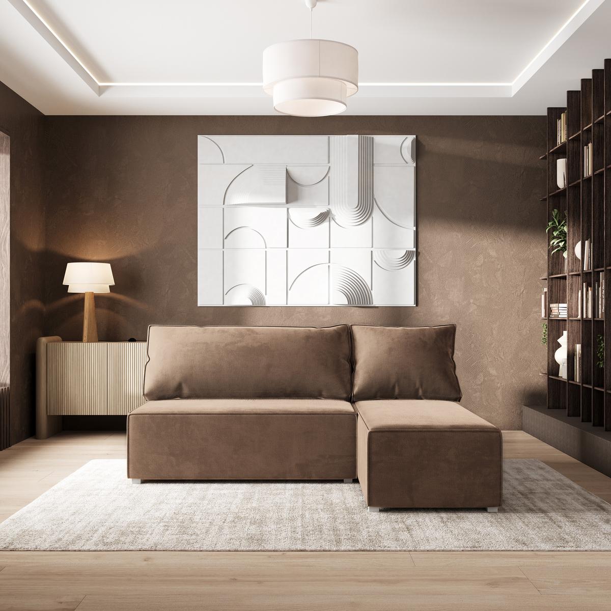 ECKSOFA BRISO M Beige Velours-Stoff mit Schlaffunktion - Beige/Grau, Holz/Kunststoff (200/140cm) - MASSENO