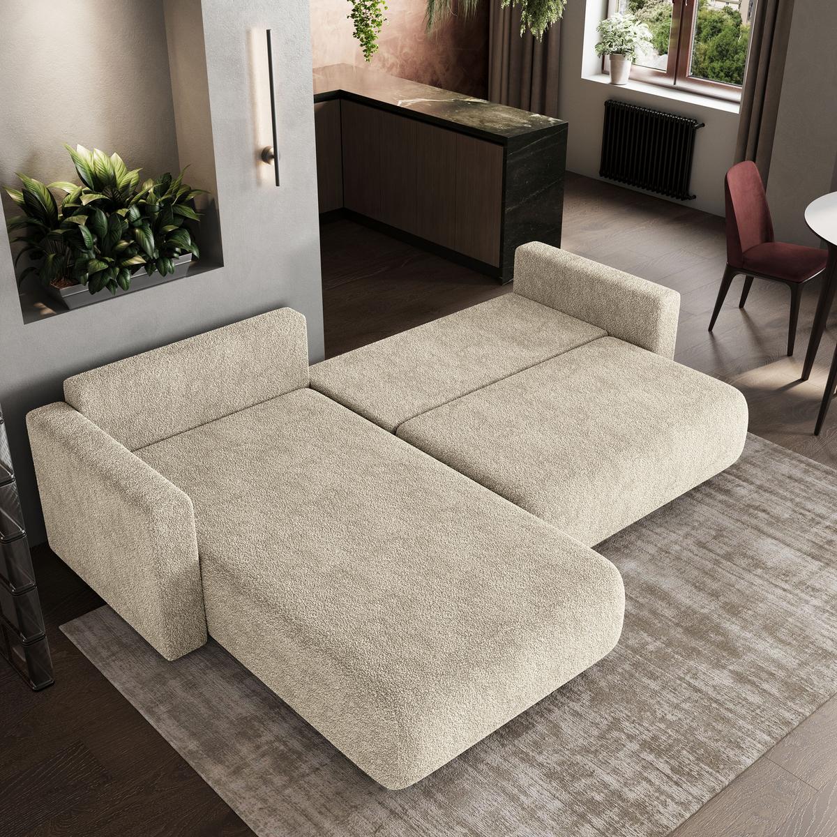 ECKSOFA TURIN N Creme Bucle-Stoff mit Schlaffunktion - Creme/Grau, Holz/Kunststoff (265/183cm) - MASSENO