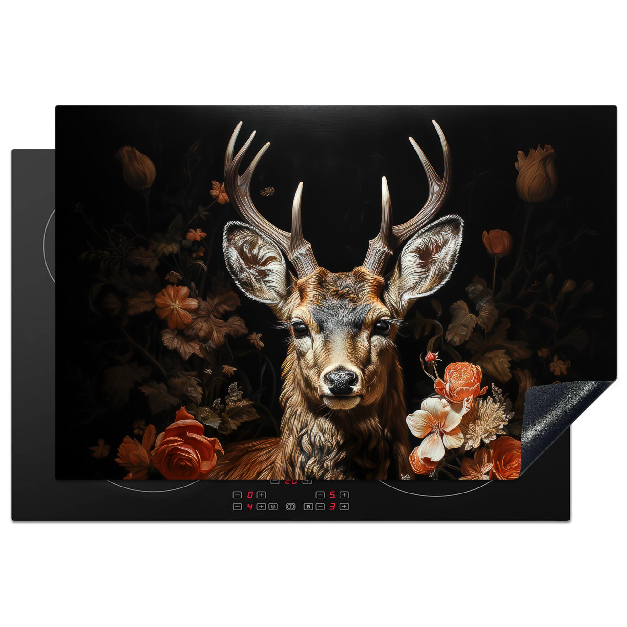 HERDABDECKPLATTE Hirsch - Tier - Blumen - Natur - Botanisch Ceranfeldabdeckung 76x51.5 cm - Kupferfarben, Kunststoff (76/51.5/0.2cm) - MuchoWow