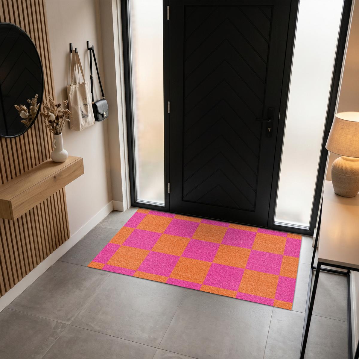 FUSSMATTE Schachbrettmuster - Orange - Rosa - Blöcke Schmutzfangmatte 150x90 cm - Pink, Kunststoff (150/0.4cm) - MuchoWow