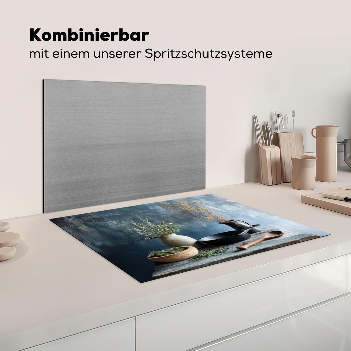HERDABDECKPLATTE Stilleben - Kräuter - Rustikal Induktionsmatte 71x52 cm - Blaugrau, Kunststoff (71/52/0.2cm) - MuchoWow