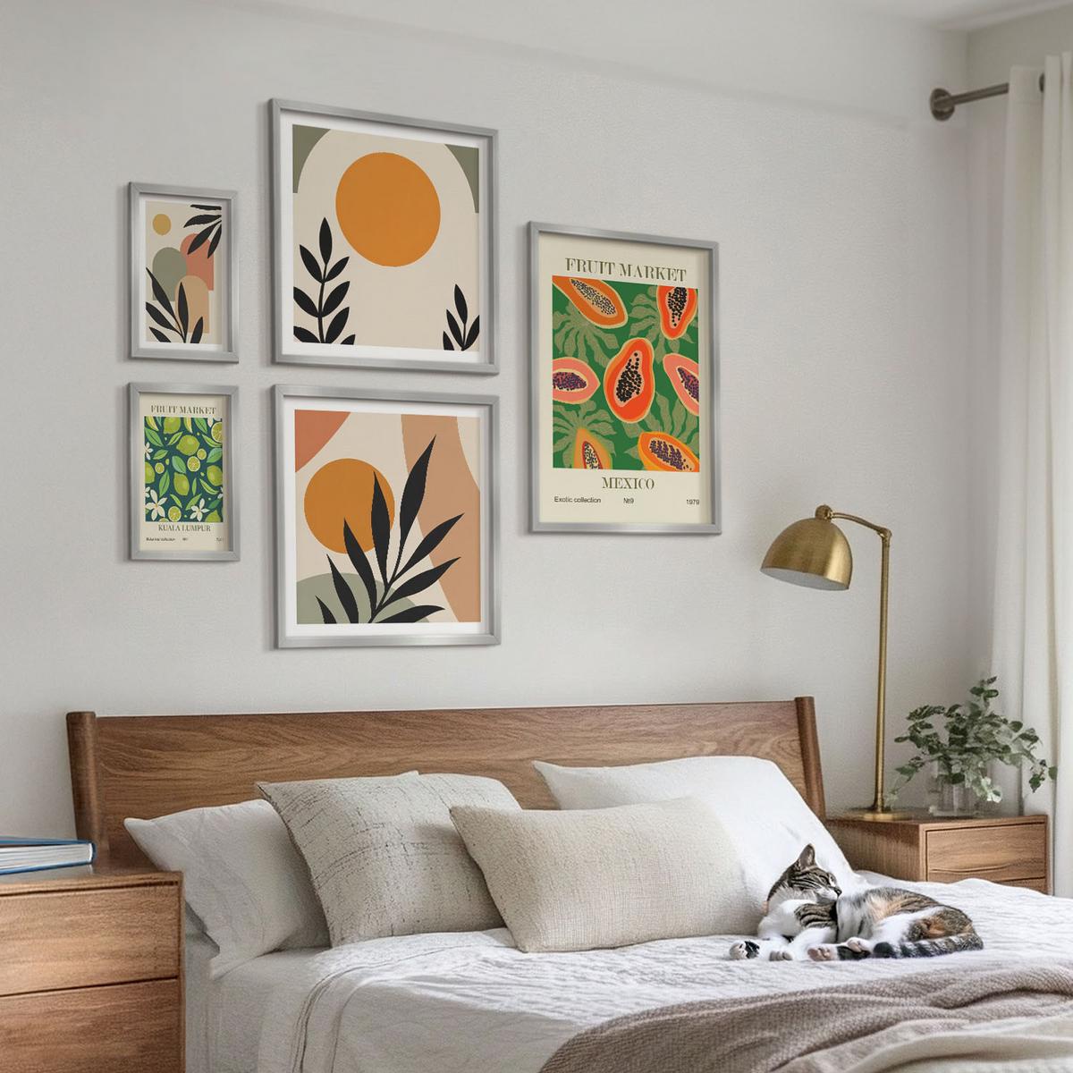 BILDER SET 5er Set - 50x50 cm & 20x30 cm & 40x60 cm Silberner Rahmen - Fruchtmuster der italienischen Kultur - Silberfarben, Kunststoff (40/60cm) - TULUP