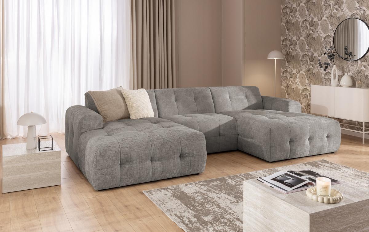 WOHNLANDSCHAFT in U-Form mit raffinierten Steppungen, 6-Sitzer, Wellenunterfederung, B323/T161/H79 cm, Chenille-Bezug in Braun Taupe / 21050 - Taupe/Greige, Kunststoff/Textil (323/79/161cm) - luma-home