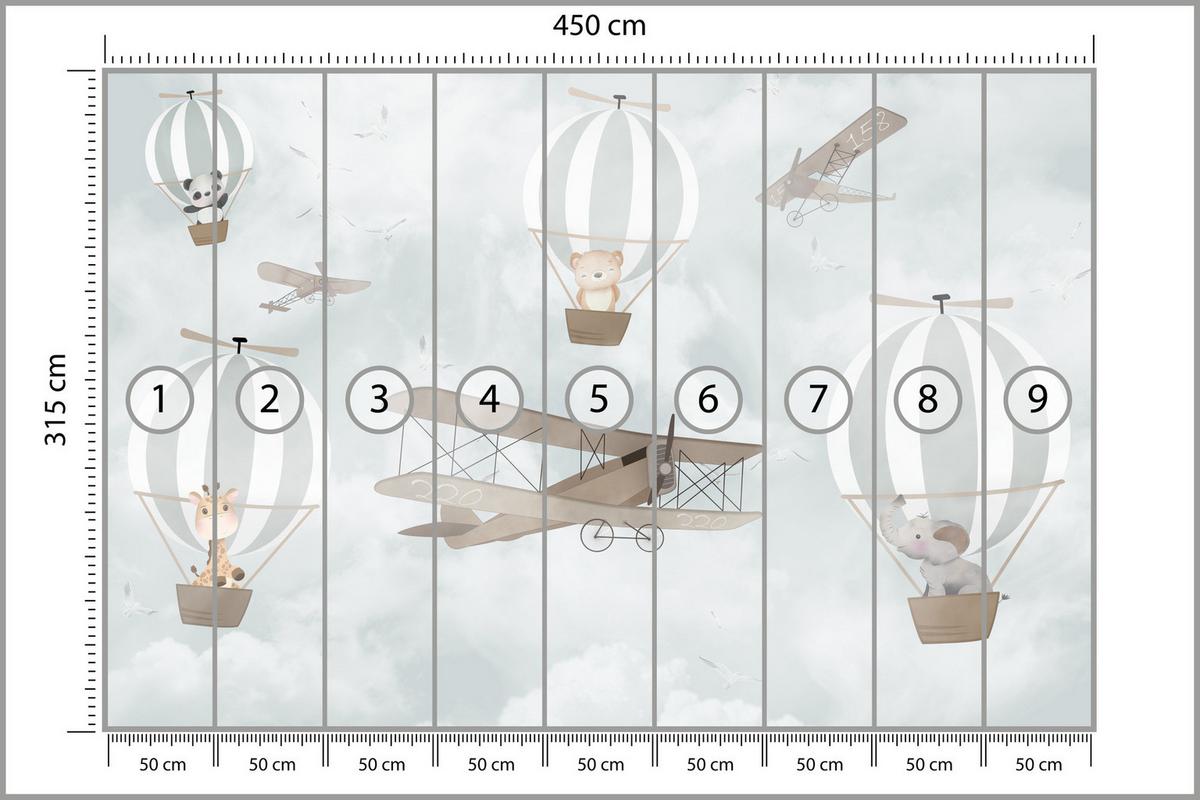 FOTOTAPETE für Kinderzimmer Ballons Tiere Wolken Flugzeuge Fantasie Retro 450x315 - Beige/Braun, Papier (450/315cm) - Muralo