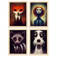 POSTER Set mit 4 Starren Poster im T Burton Goth Stil Tier A3 Rahmen aus hellem Holz - Beige, Papier (29.7/3cm) - Nacnic