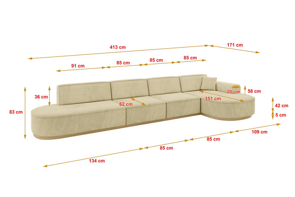 ECKSOFA Ottomane Rechts MARI-L3-v2 - 413x171x83 cm Beige Velours - Beige, Holzwerkstoff/Textil (171/413cm) - ALTDECOR