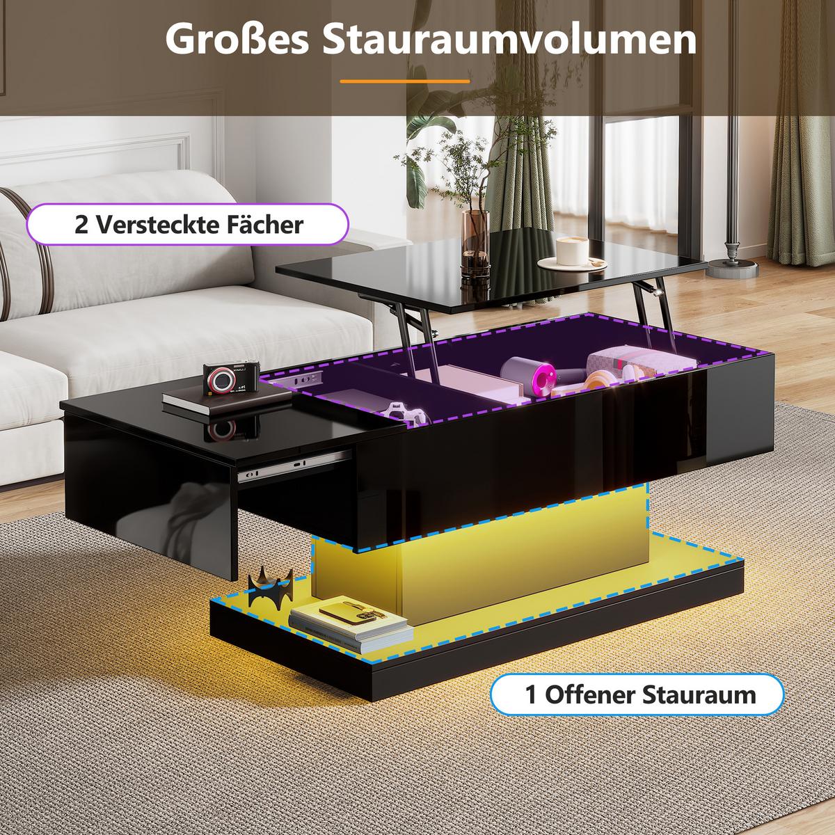 COUCHTISCH Hochglanz Schwarz mit LED Liftfunktion & Stauraum 100×50 cm - Weiß, Holzwerkstoff (50/100/45cm) - Urban Meuble