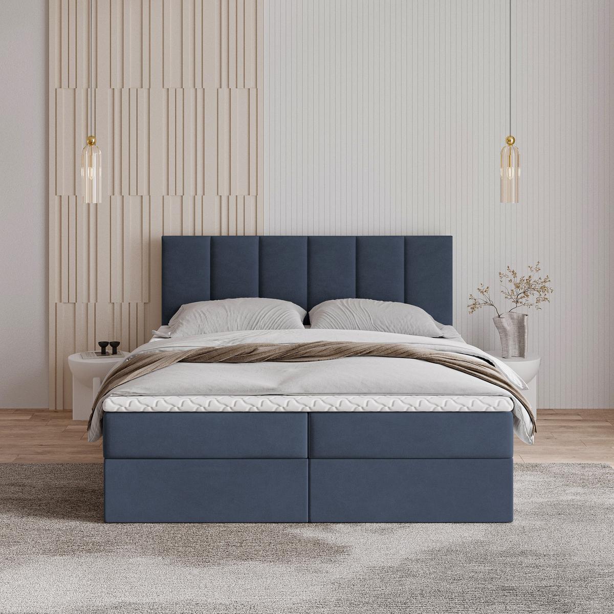 BOXBETT MERIL 180x200 cm mit Matratze und Topper - Blau - Blau, Holz (180/200cm) - MASSENO