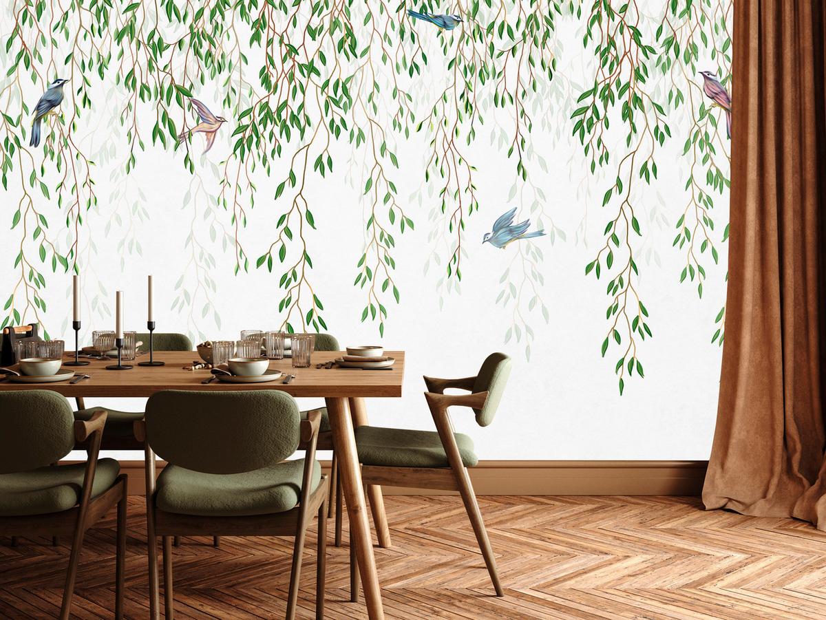 FOTOTAPETE für Schlafzimmer Trauerweide Äste Vögel Frühling Blätter 500x350 - Blau/Beige, Papier (500/350cm) - Muralo