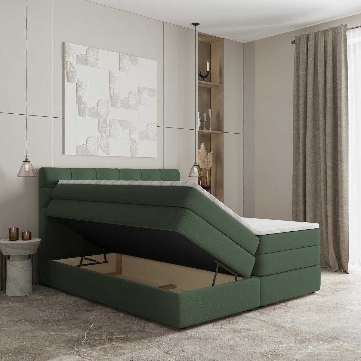 BOXSPRINGBETT AREZI 160x200 cm mit Matratze und Topper - Grün - Grün, Holz (160/200cm) - MASSENO