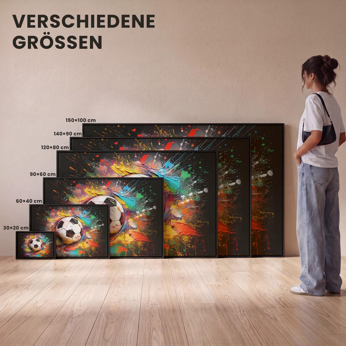 LEINWAND Bilder mit Rahmen - Fußball - Farbe - Farben - Schwarz - Weiß - 120x80 - Weiß, Textil (120/80cm) - MuchoWow