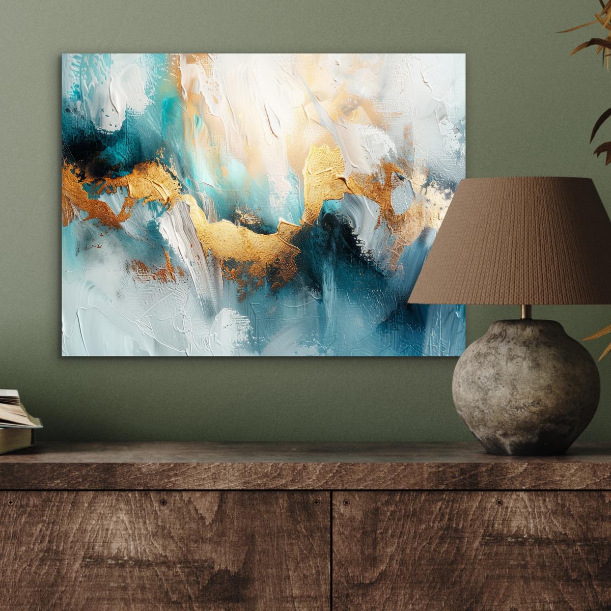 METALLBILD Abstrakt - Kunst - Gold - Blau 40x30 cm - Petrol, Metall (40/30cm) - MuchoWow