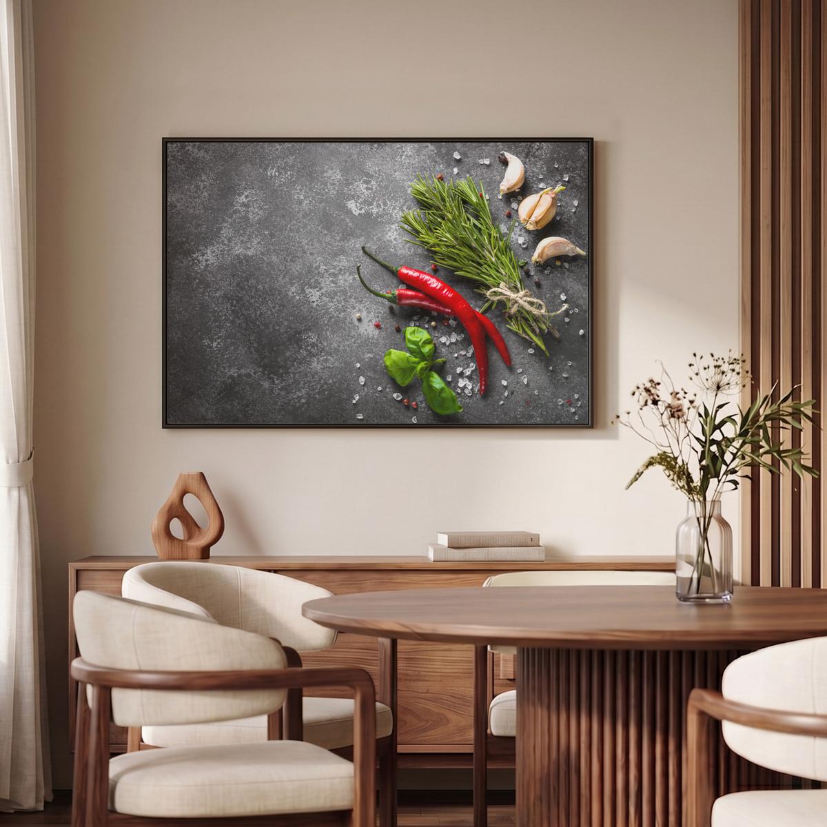 LEINWAND Bilder mit Rahmen - Pfeffer - Kräuter - Gewürze - Beton - 90x60 - Dunkelgrau, Textil (90/60cm) - MuchoWow