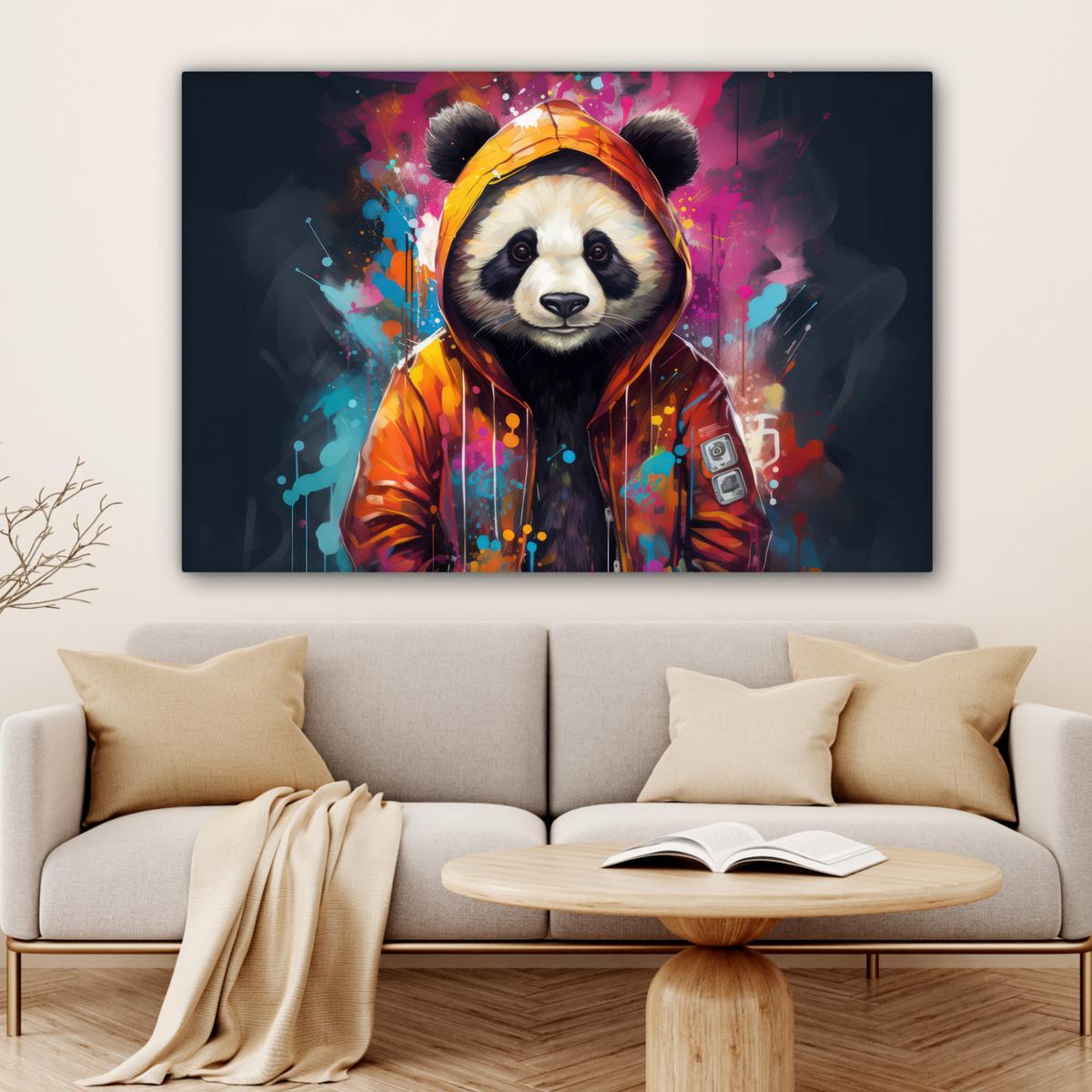 LEINWANDBILD Panda - Jacke - Graffiti - Orange Groß 140x90 cm - Orange, Textil (140/90cm) - MuchoWow