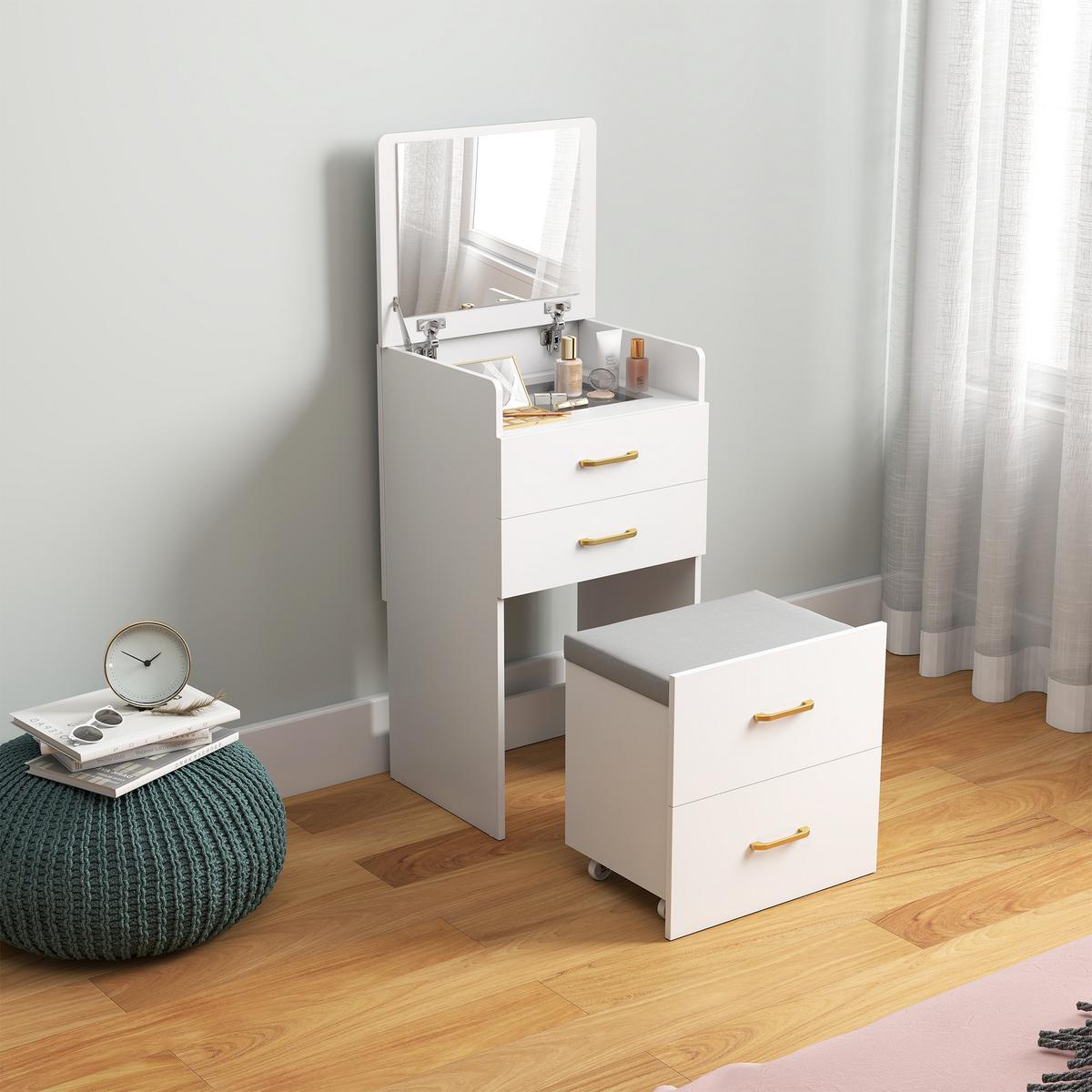 3 in 1 Schminktisch mit Hocker, Kosmetiktisch mit Spiegel, 3 Schubladen - Beige/Weiß, Holzwerkstoff/Textil (40/90/48cm) - HOMCOM