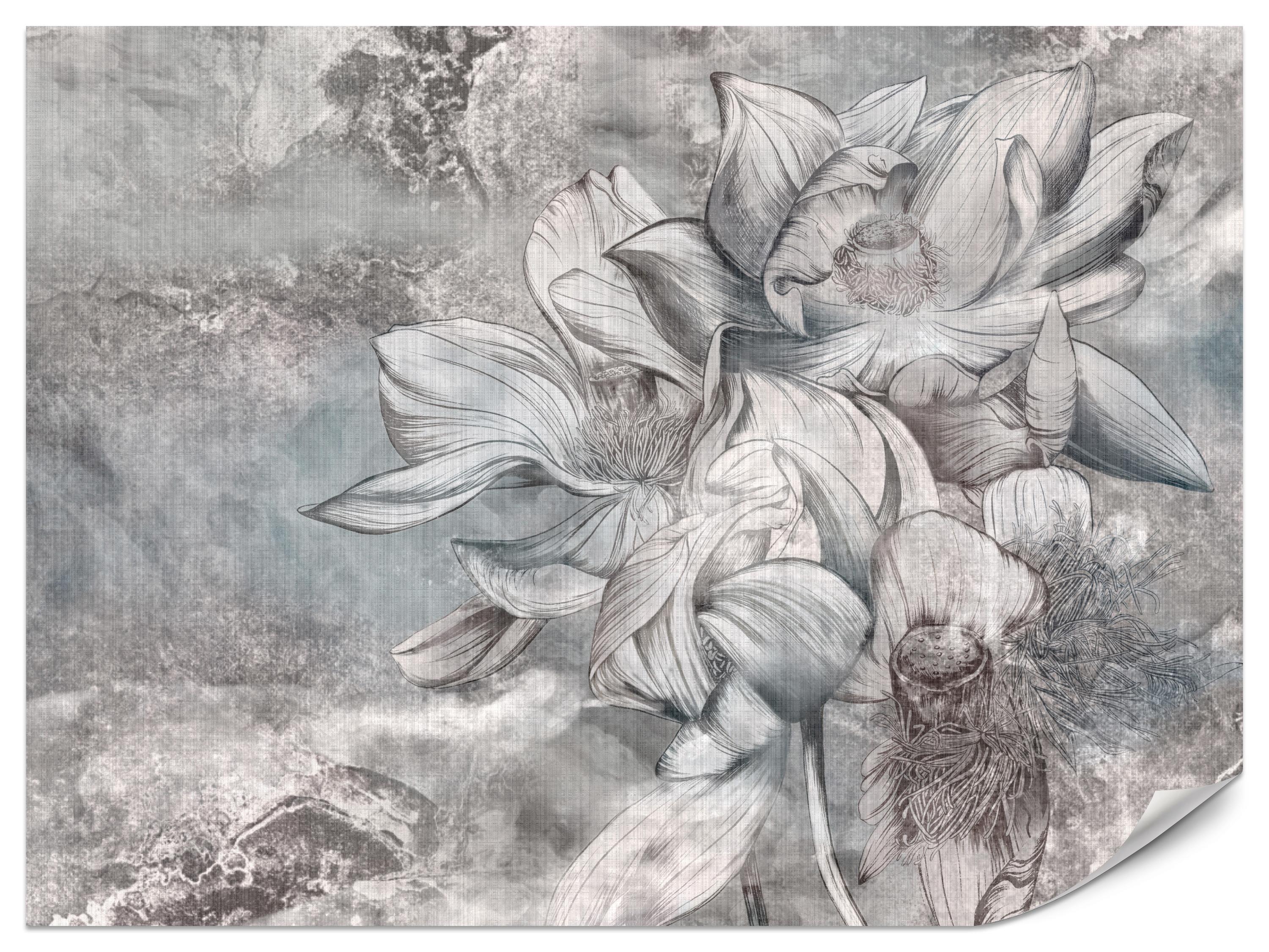 FOTOTAPETE für Wohnzimmer Wunderschöne Blume Betonwand Retro 200x140 - Grau, Papier (200/140cm) - Muralo