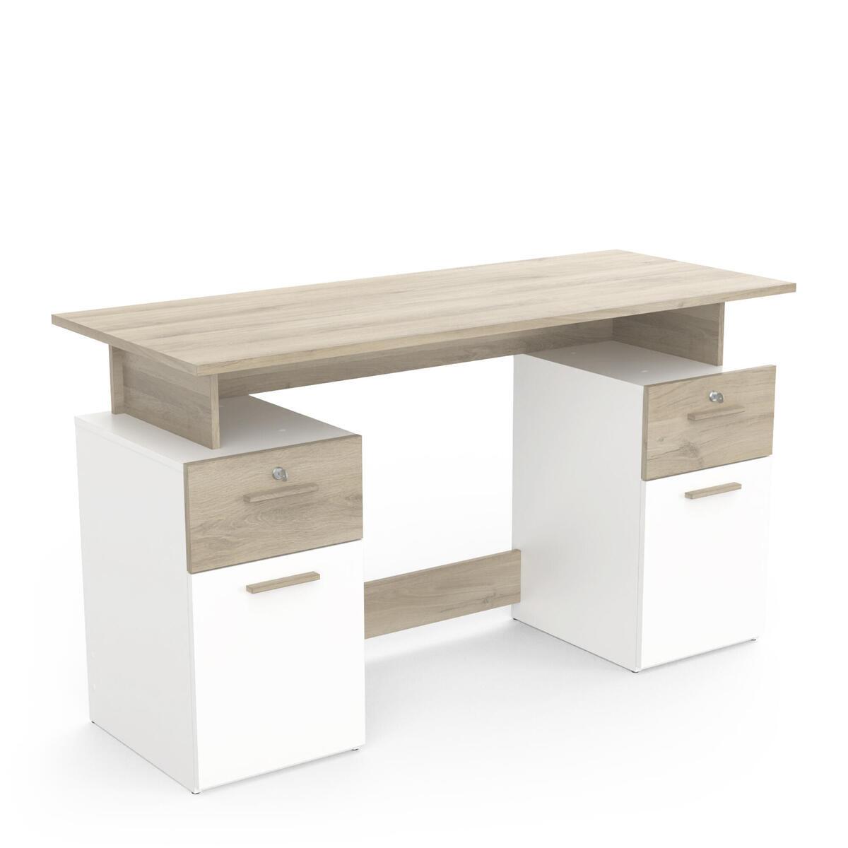 SCHREIBTISCH mit Doppelcontainer, in Holz und Weiß Dekor - L134,8 cm - Platon - Eichefarben/Weiß, Holzwerkstoff (56/55/76.4cm) - Calicosy