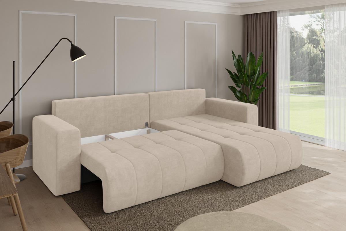 ECKSOFA mit Schlaffunktion Ottomane Rechts MILA-L 277x194x86 Beige Velours - Schwarz/Sahara, Holzwerkstoff/Kunststoff (277/194cm) - ALTDECOR