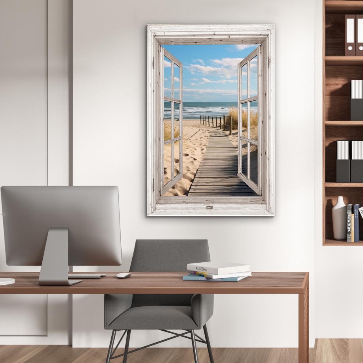 METALLBILD Fenster - Meer - Küste - Natur - Ausblick - Strand - Wattenmeer 80x120 cm - Beige, Metall (80/120cm) - MuchoWow