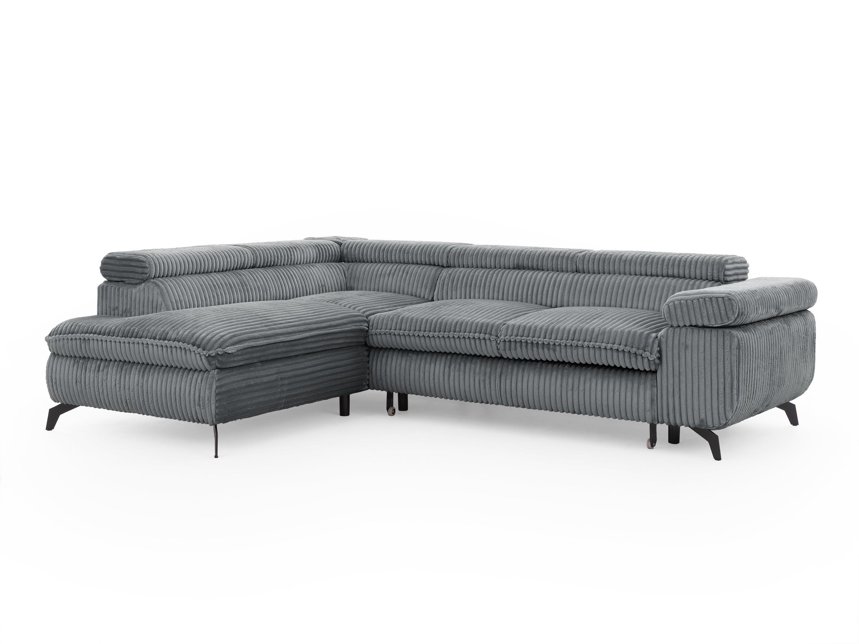 ECKSOFA mit Schlaffunktion und Bettkasten Bonnie aus Grau Cord-Stoff mit verstellbaren Kopfstützen und Armlehne - Ottomane links - Schwarz/Grau, Holz/Textil (275/210cm) - S-Style Möbel