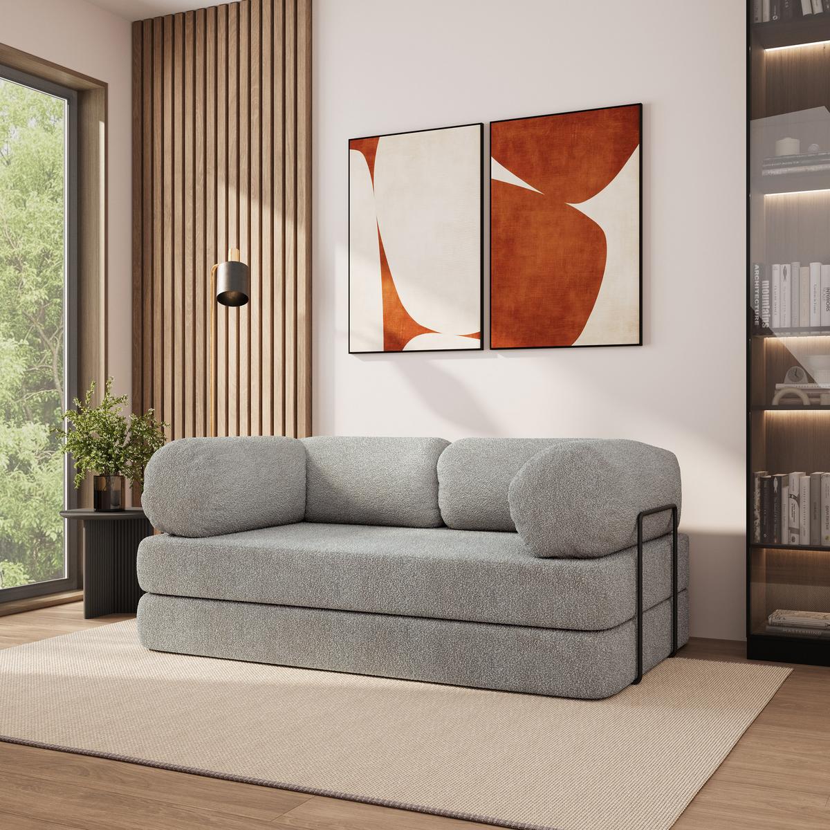 BETTSOFA EIREN aus Schaumstoff Bucle-Stoff Hellgrau Schlaffunktion - Hellgrau, Textil (170/68/80cm) - MASSENO