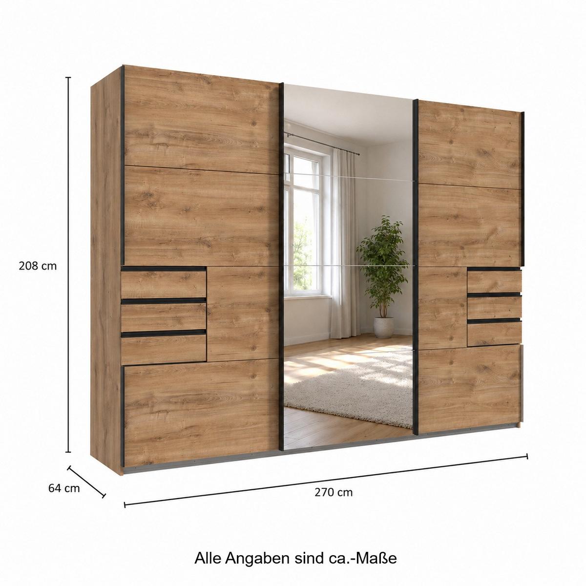 SCHWEBETÜRENSCHRANK 3-türig B270/H208/64 cm, Eiche Dekor, eine Spiegeltür, Kleiderschrank mit Schubladen & Vollausstattung / 22612 - Eichefarben/Schwarz, Holzwerkstoff/Metall (270/208/64cm) - luma-home
