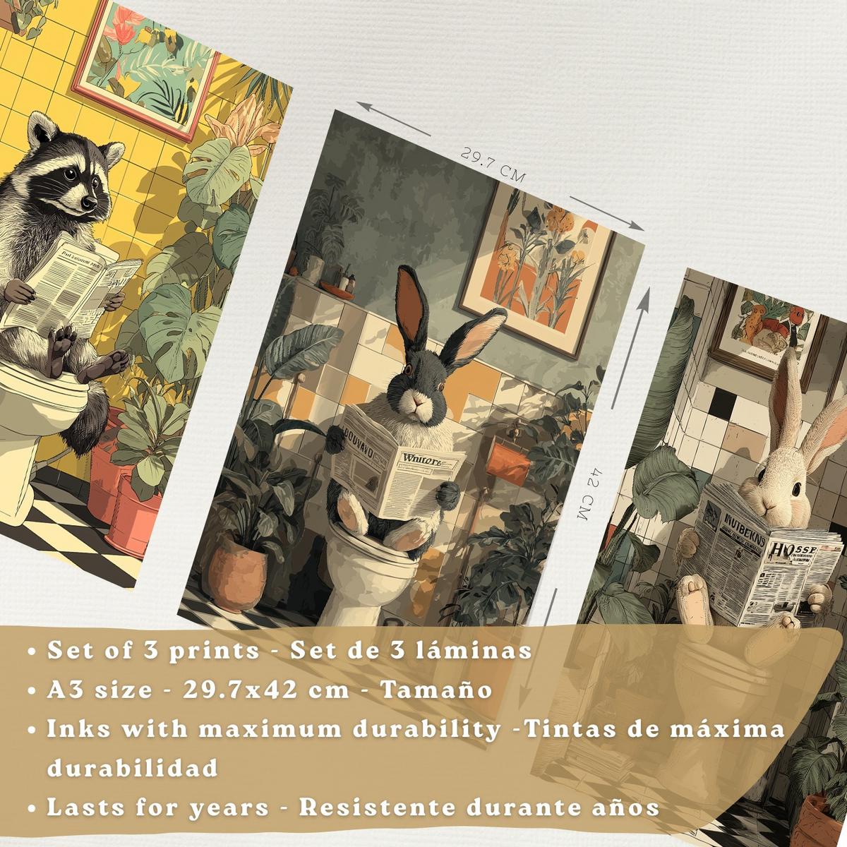 POSTER 3er-Set Tierdrucke im Badezimmer, lustige Waschbär Kaninchen-Dekorationsbilder im modernen Vintage-Stil für und Toilette Leichter Holzrahmen A3 - Beige, Papier (42/29.7/3cm) - Nacnic