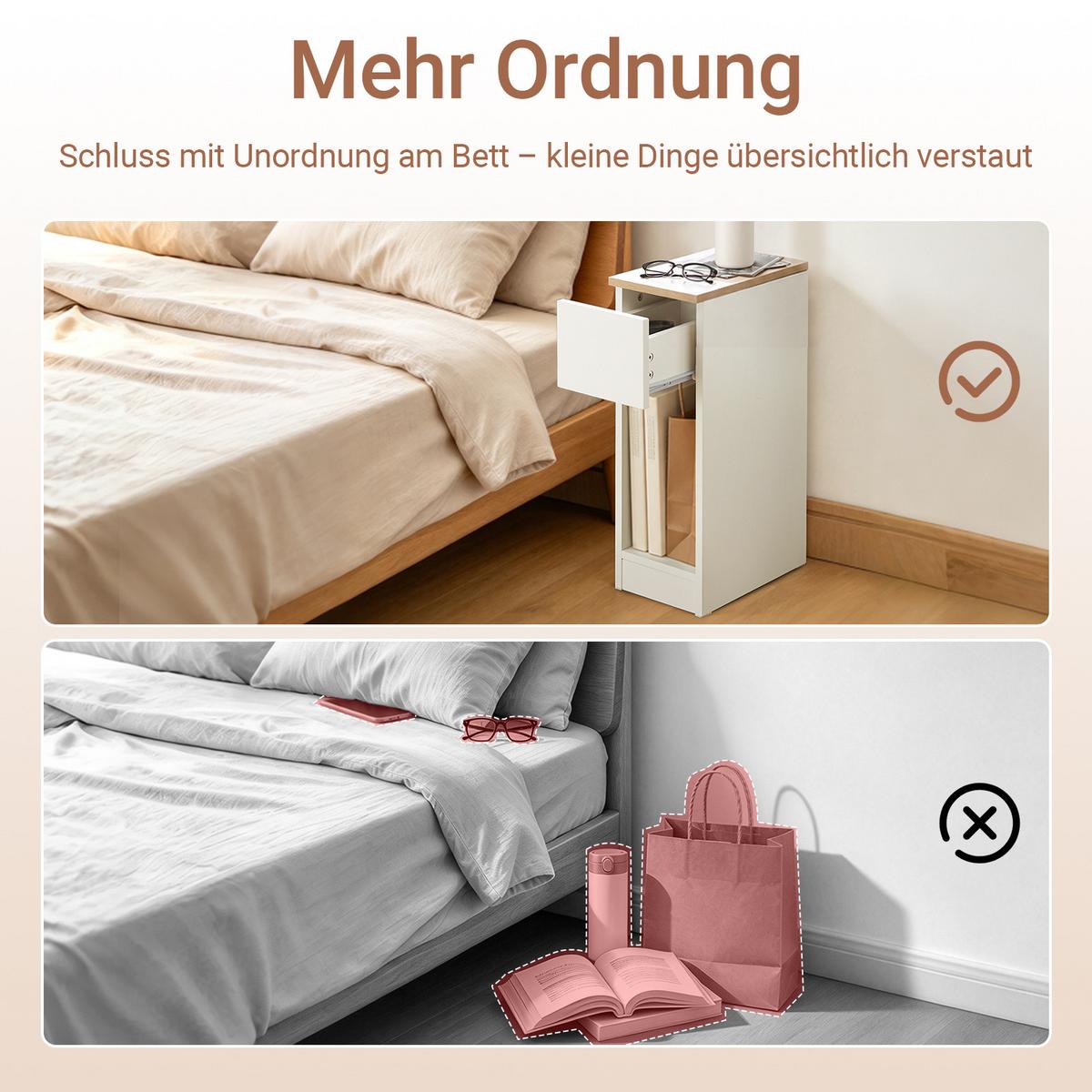 NACHTTISCH schmal mit Schublade, Konsolentisch, Weiß-Natur, 20x35x60 cm, nur 20 cm tief, offene Fächer, Flur/Sofa/Büro/Balkon - Weiß, Holzwerkstoff (20/60/35cm) - SoBuy