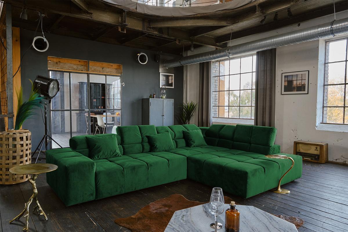 ECKSOFA MIT MOTORISCHEM SITZVORZUG NEVADA Smaragdgrün Velvet Relaxfunktion - Smaragdgrün/Schwarz, Textil (319/215cm) - KAWOLA