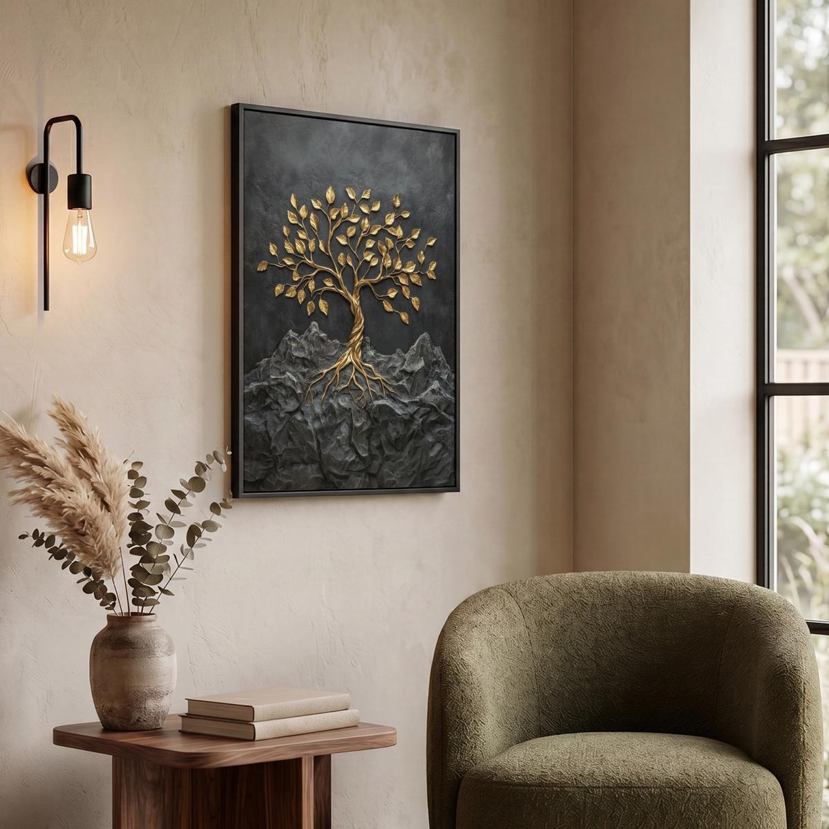 LEINWAND Bilder mit Rahmen - Blätter - Gold - Baum - Fels - 50x70 - Schwarz, Textil (50/70cm) - MuchoWow