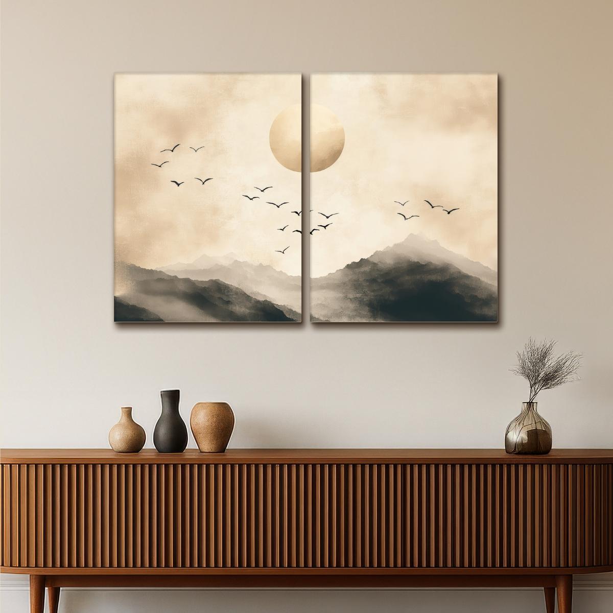 LEINWANDBILD 2er Set Landschaft - Japandi - Beige - Vögel 100x70 cm - Beige, Textil (100/70cm) - MuchoWow