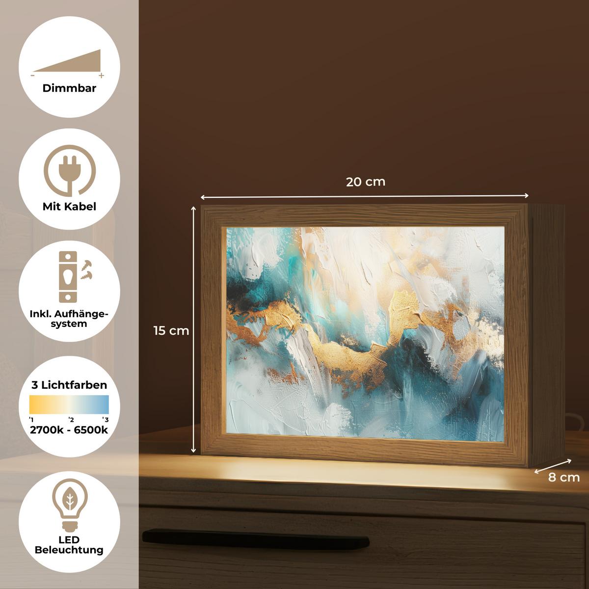 WANDLEUCHTE Abstrakt - Kunst - Gold - Blau 20x15 cm - Türkis, Holzwerkstoff (20/15/8cm) - OnlyWow