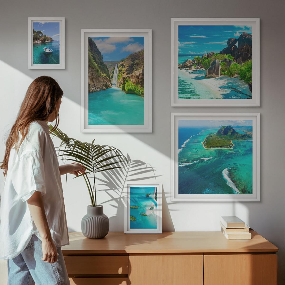 BILDER SET 5er Set - 50x50 cm & 20x30 cm & 40x60 cm Weißer Rahmen - Seeboote Hirsche Berge - Weiß, Kunststoff (40/60cm) - TULUP