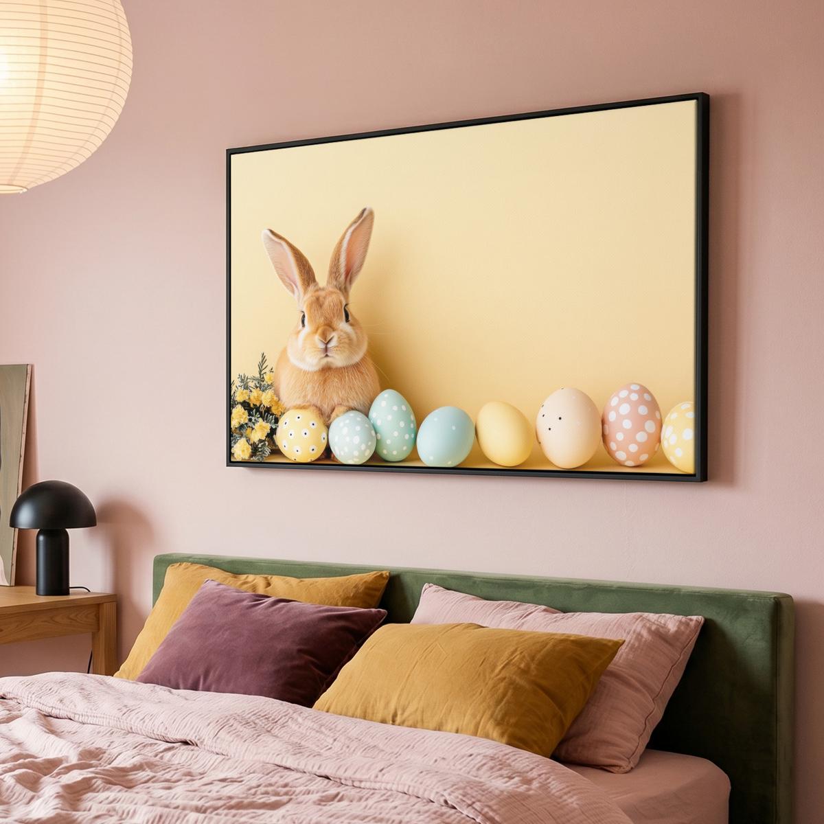 LEINWAND Bilder mit Rahmen - Eier - Kaninchen - Pastellfarbtöne - 120x80 - Hellgelb, Textil (120/80cm) - MuchoWow