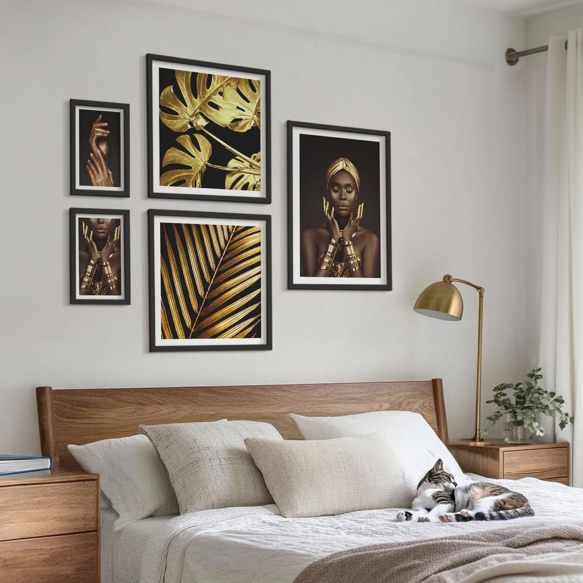 BILDER SET 5er Set - 50x50 cm & 20x30 cm & 40x60 cm Schwarzer Rahmen - Künstlerische Porträts von Frauen - Schwarz, Kunststoff (40/60cm) - TULUP