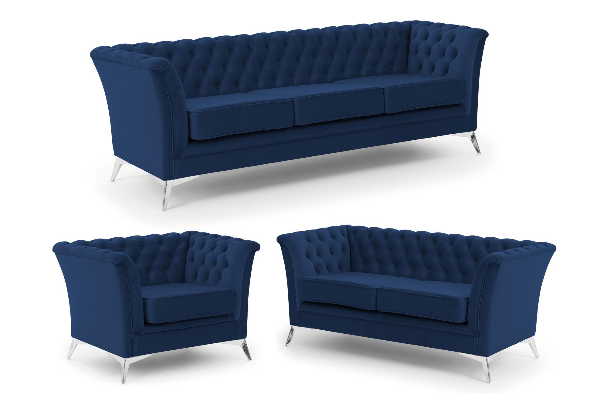 SITZGARNITUR 3+2+1 Chesterfield Whitby Marineblau Samt mit silbernen Füßen - Blau/Silberfarben, Holz/Textil (237/78/82cm) - S-Style Möbel