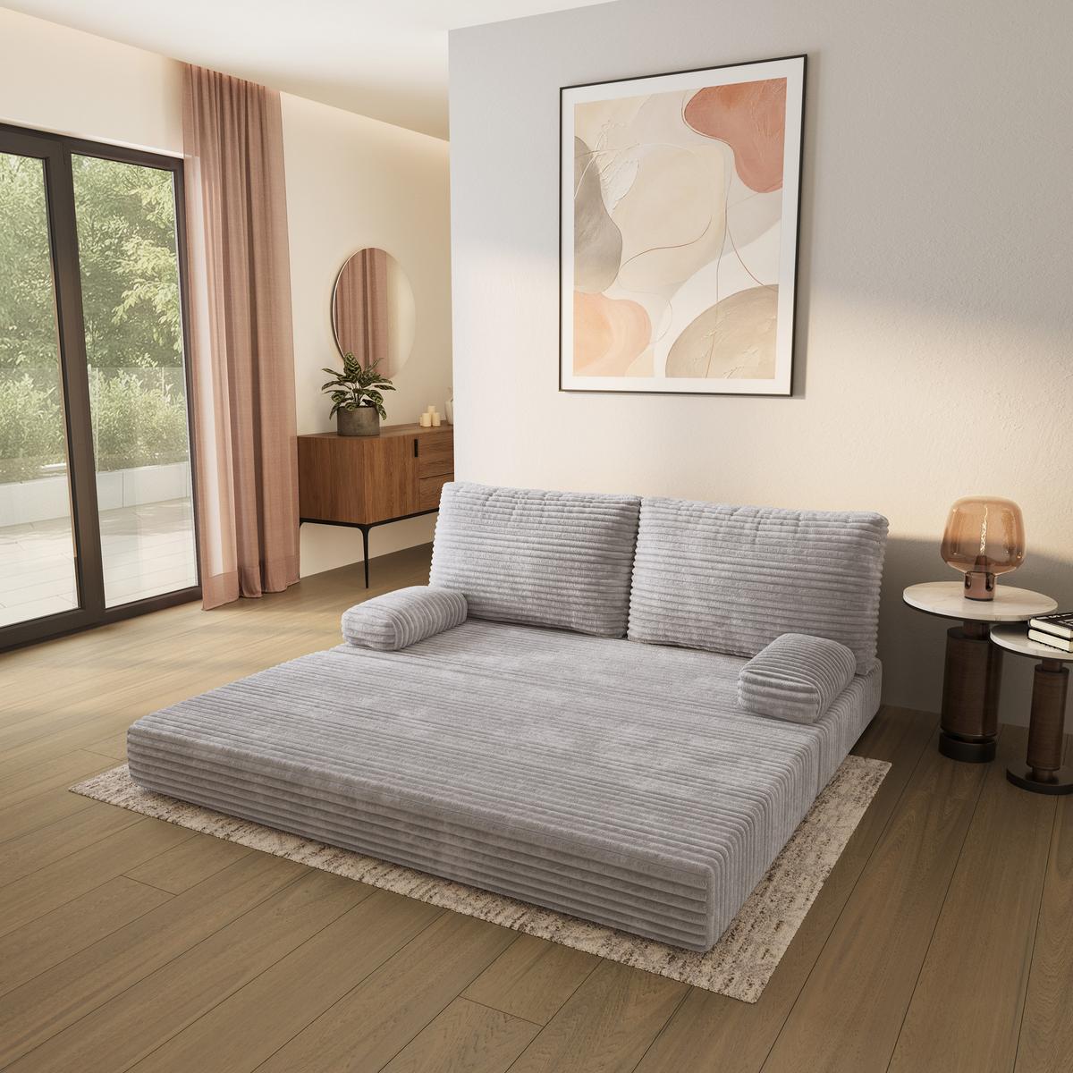 BETTSOFA SILAR aus Schaumstoff Kordstoff Hellgrau Schlaffunktion - Grau, Textil (170/86/80cm) - MASSENO