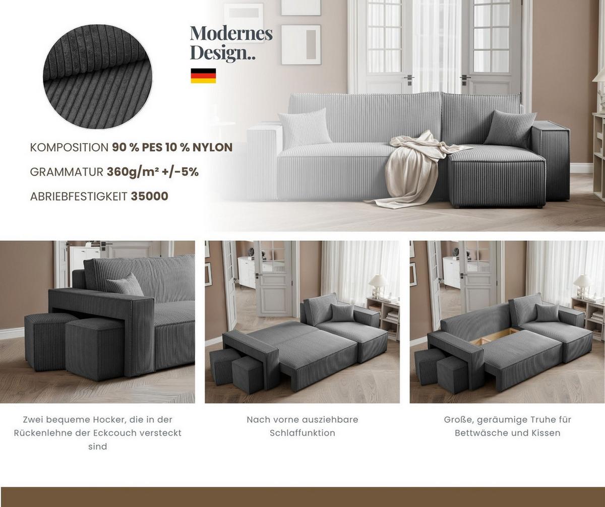 ECKSOFA PARIS mit Schlaffunktion und Bettkasten Dunkelgrau - Dunkelgrau, Kunststoff/Textil (262/145cm) - Idohome