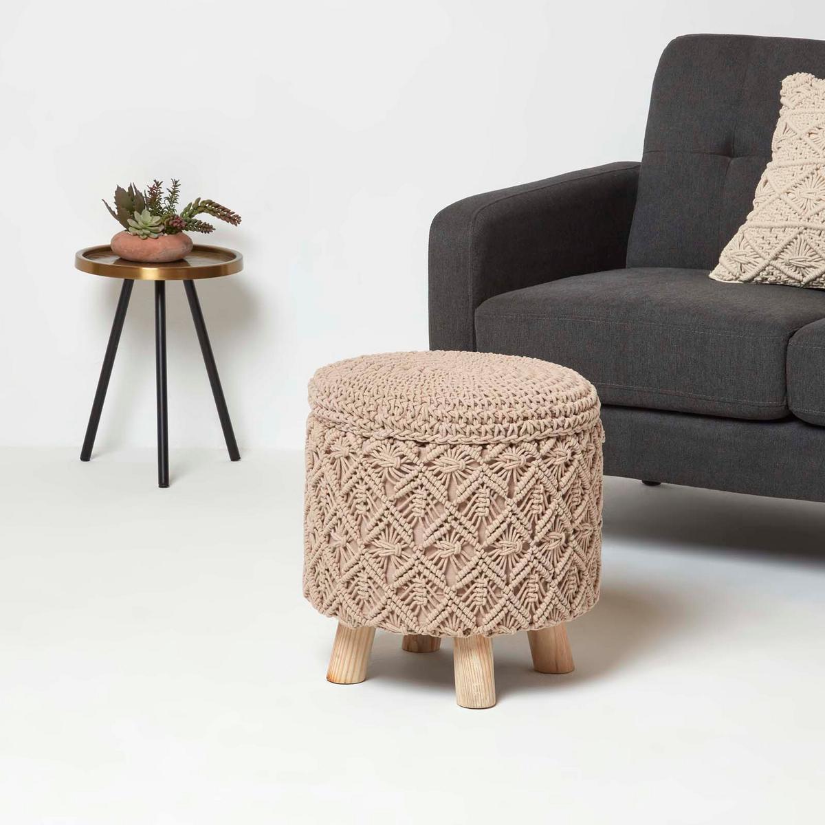 MAKRAMEE-HOCKER mit Stauraum Indy braun, 41/41/43 cm - Hellbraun, Textil (41/43/41cm) - Homescapes