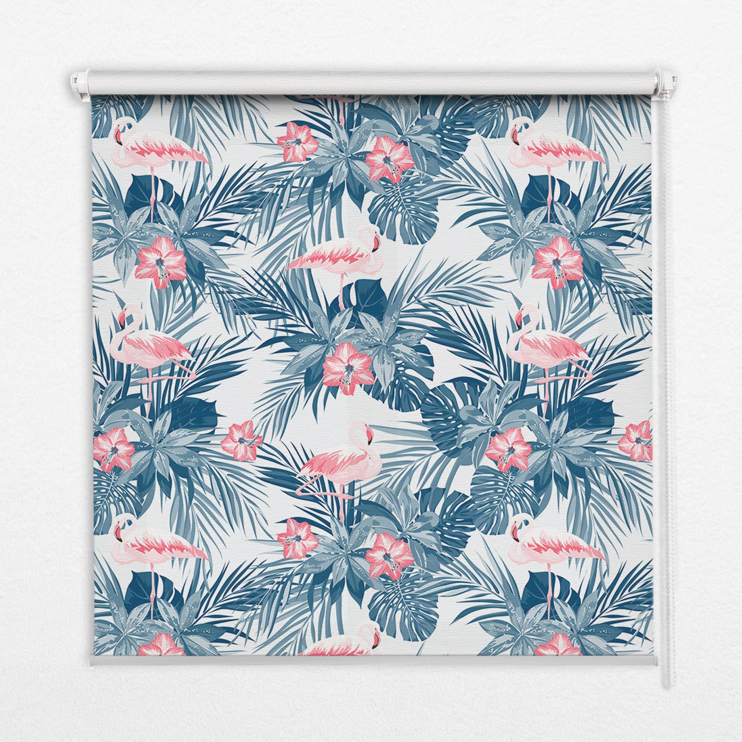 INNENROLLO - Fensterrollo - Rollo - 150x180 cm - Tropische Pflanzen und Flamingos - Blau, Kunststoff (150/180/0.5cm) - TULUP