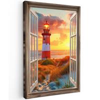 LEINWANDBILD Aussicht - Fenster - Leuchtturm - Sonnenuntergang - Strand Deko Groß 90x140 cm - Dunkelorange, Textil (90/140cm) - MuchoWow