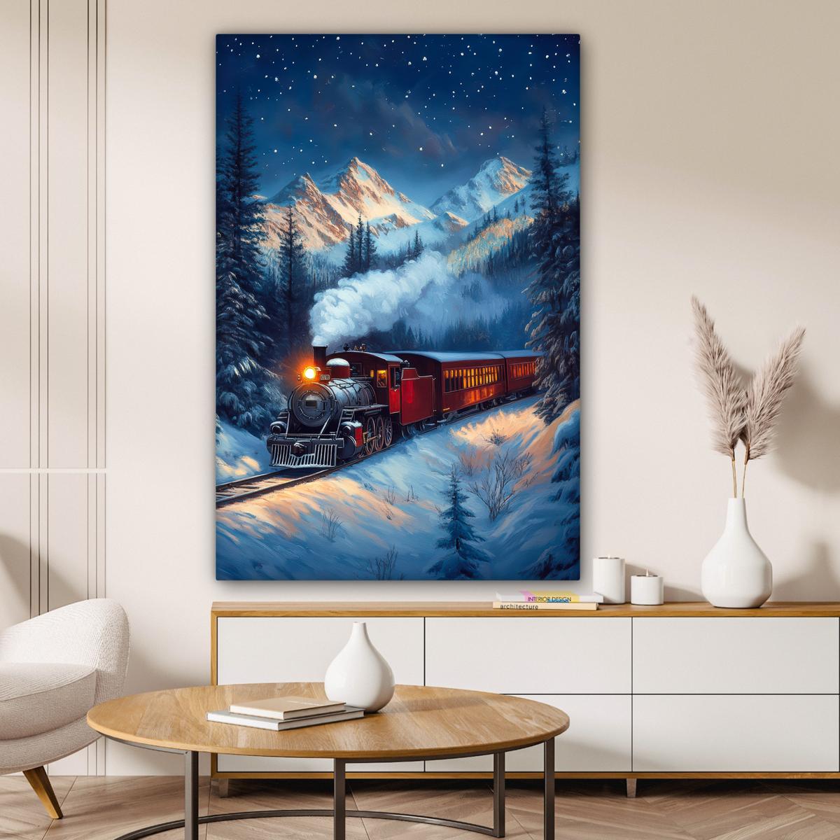 LEINWANDBILD Zug - Weihnachten - Schnee - Weihnachtszug Deko Groß 90x140 cm - Anthrazit, Textil (90/140cm) - MuchoWow