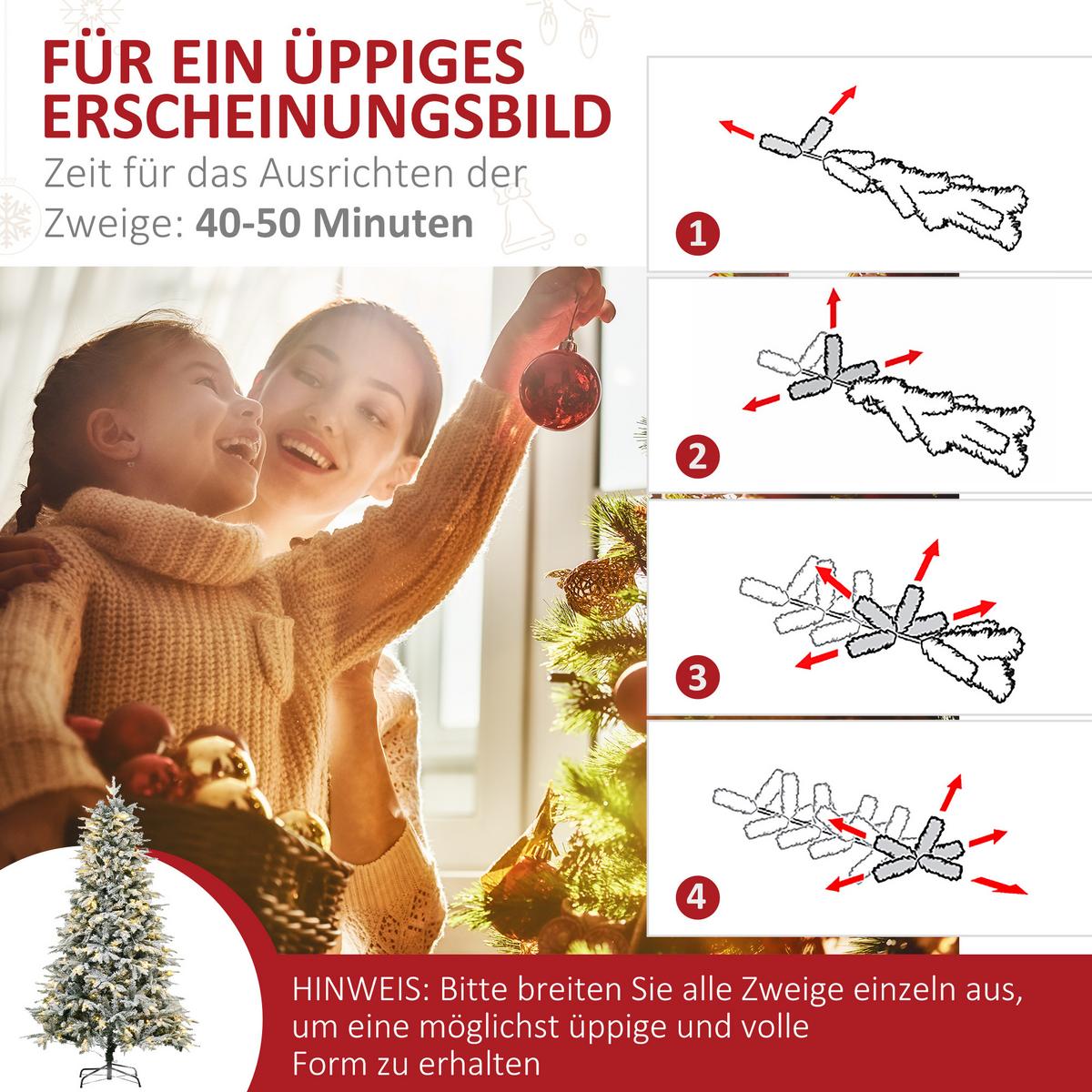 KÜNSTLICHER Weihnachtsbaum mit Leuchte, 180 cm Kunsttanne mit Kunstschnee - Weiß, Kunststoff (180cm) - HOMCOM