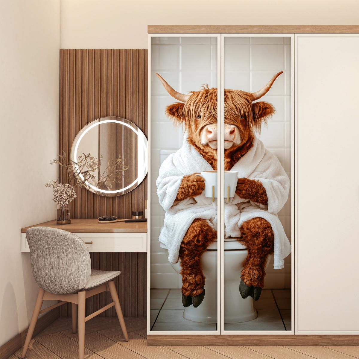 TÜRAUFKLEBER Schottischer Highlander - WC - Bademantel - Modern - Tiere 90x215 cm - Türtapete - Kastanienfarben, Kunststoff (90/0.1cm) - MuchoWow