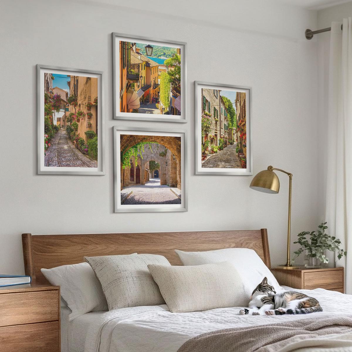 BILDER SET 4er Set - 50x50 cm & 40x60 cm Silberner Rahmen - Italienische Straßen, Blumen, Architektur - Silberfarben, Kunststoff (50/50cm) - TULUP