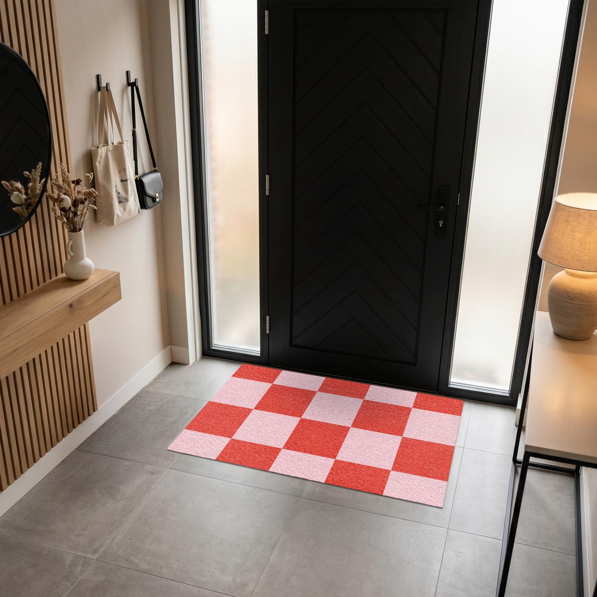 FUSSMATTE Schachbrettmuster - Rot - Rosa - Würfel Türmatte 120x80 cm - Rot, Kunststoff (120/0.4cm) - MuchoWow