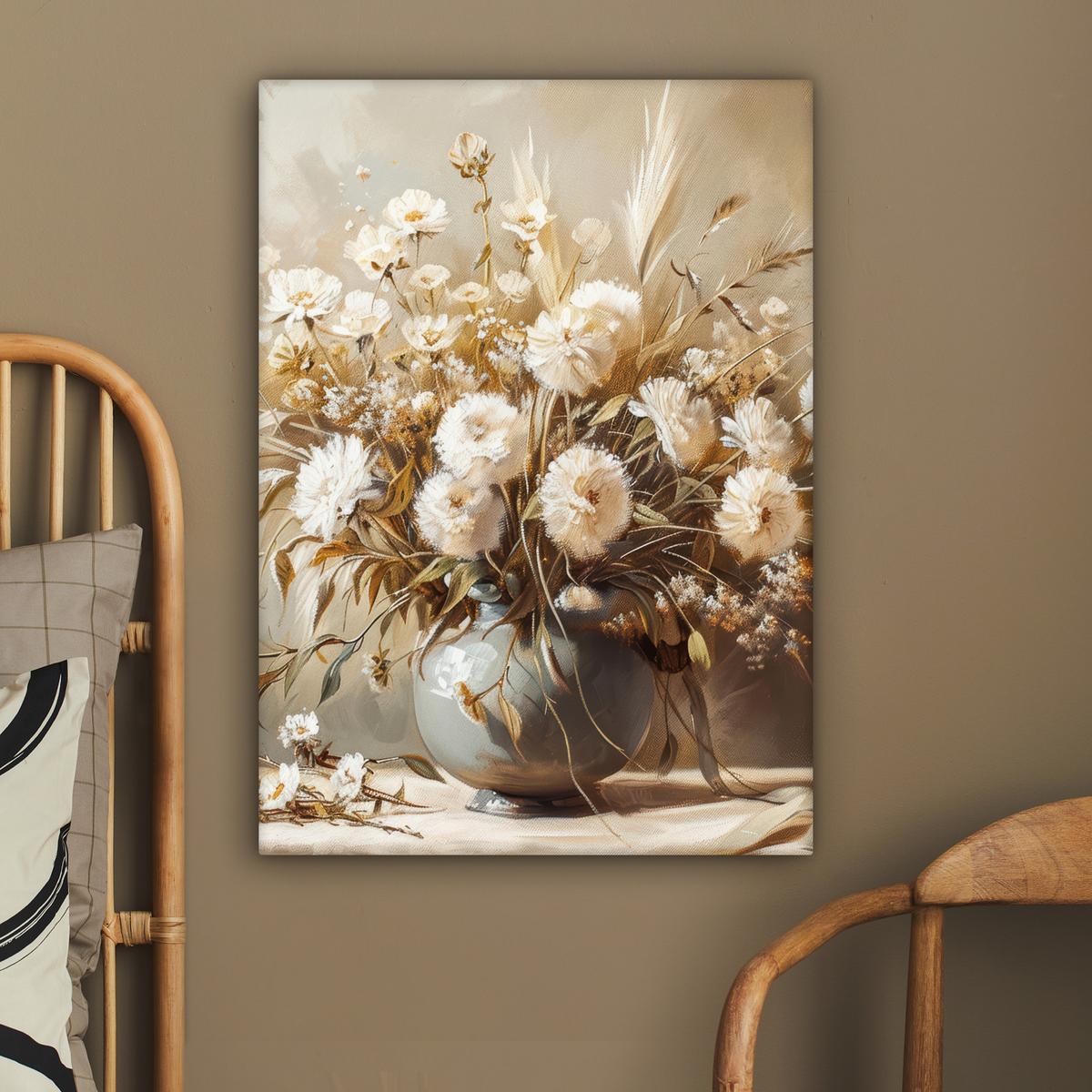 LEINWANDBILD Blumen - Vase - Stilleben - Beige Wandbild Wohnzimmer 60x80 cm - Creme, Textil (60/80cm) - MuchoWow