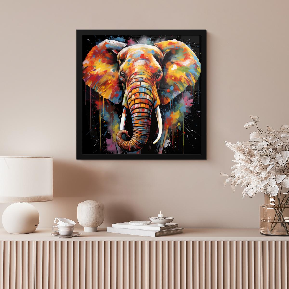 POSTER MIT RAHMENGERAHMTES BILD Elefant - Graffiti - Schwarz - Tiere - Farben 40x40 cm - Schwarz, Papier (40/40cm) - MuchoWow