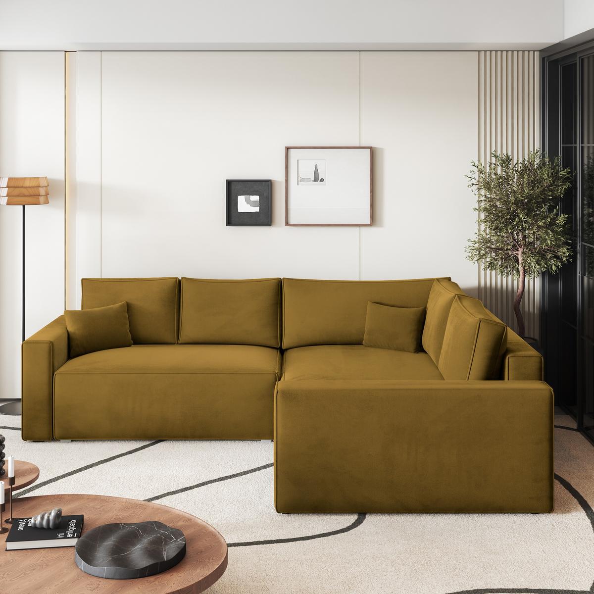 ECKSOFA ERONIS R-S Gelb Velours-Stoff mit Schlaffunktion - Gelb, Holz (265/194cm) - MASSENO