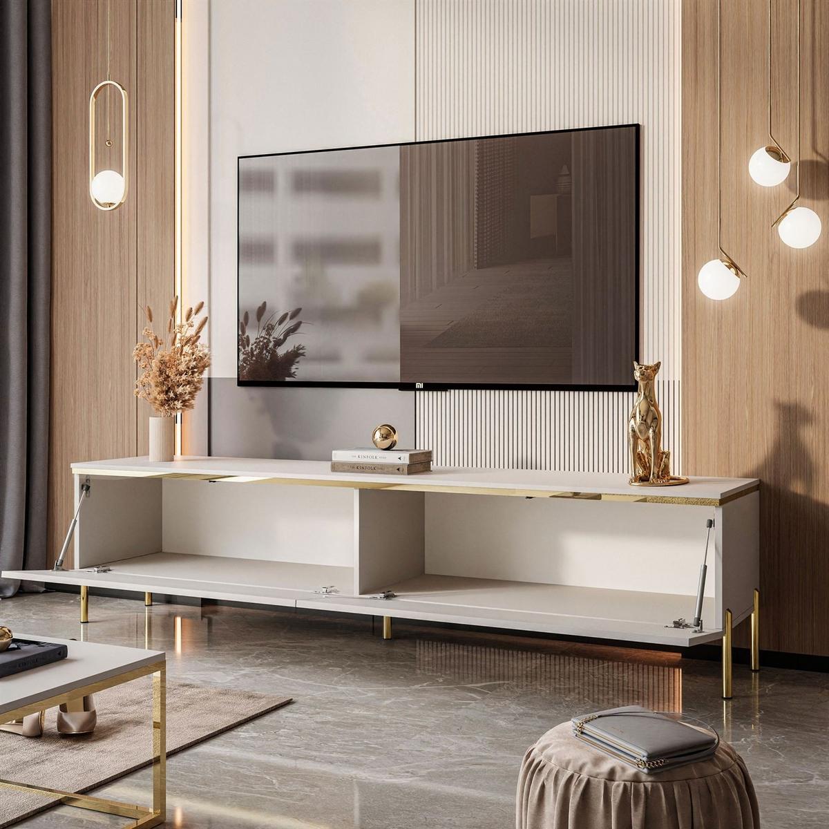 TV-LOWBOARD AURORA Kaschmir mit gerade Goldchrom Fuße und LED Beleuchtung - Kaschmir/Goldfarben, Holzwerkstoff/Metall (180/46/40cm) - Lookway